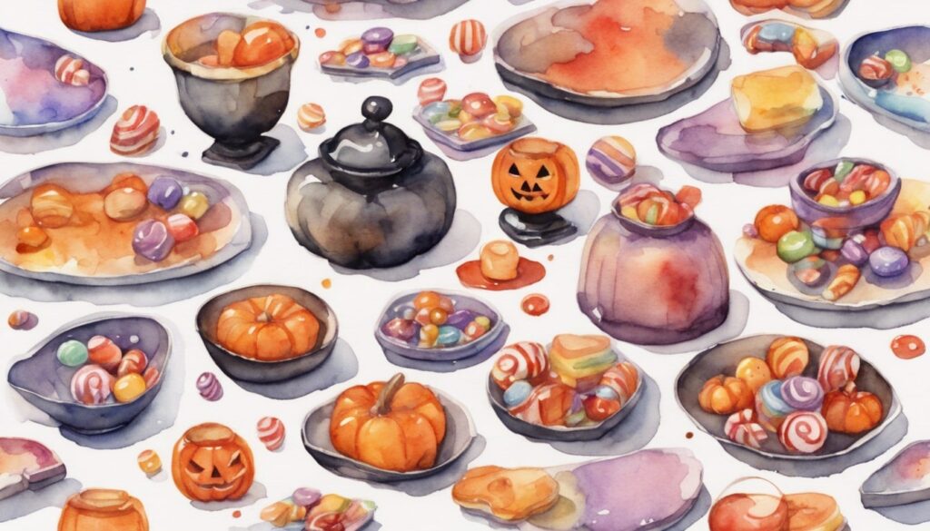 A table with mini pumpkins and candy dishes