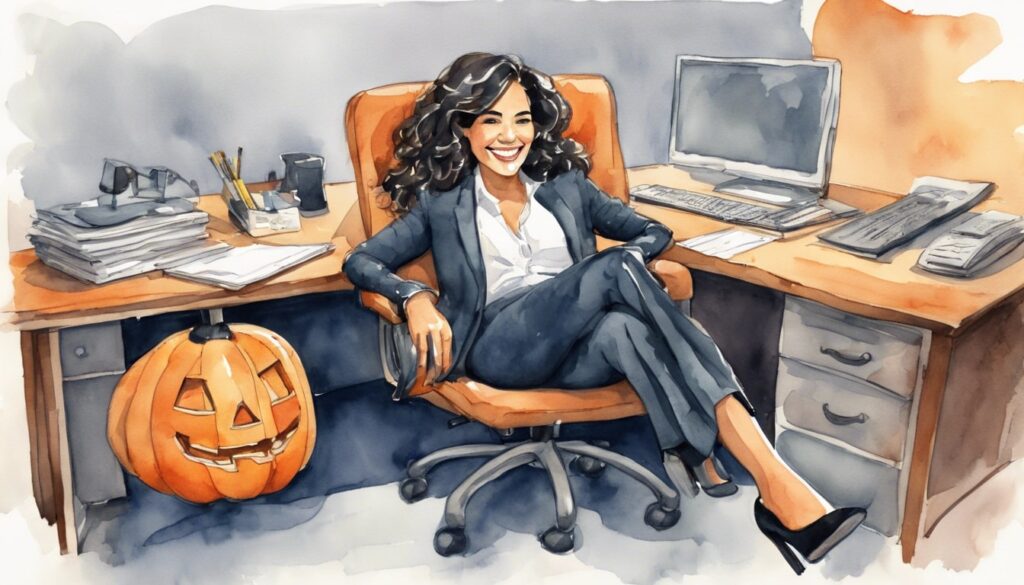 A woman in a business suit sitting at an office desk relaxed with her feet up, with a jack-o-lantern in the background