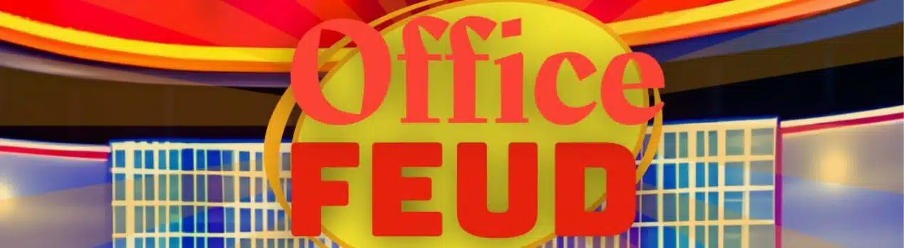 Game show stage background, with logo for office feud in foreground