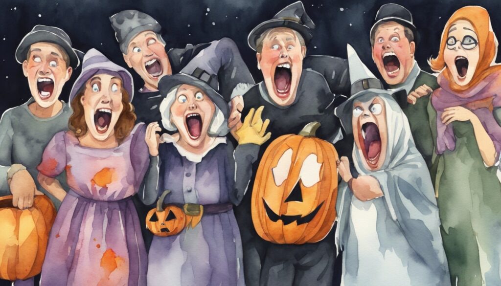 A group of adults screaming with laughter while dressed as witches and ghosts