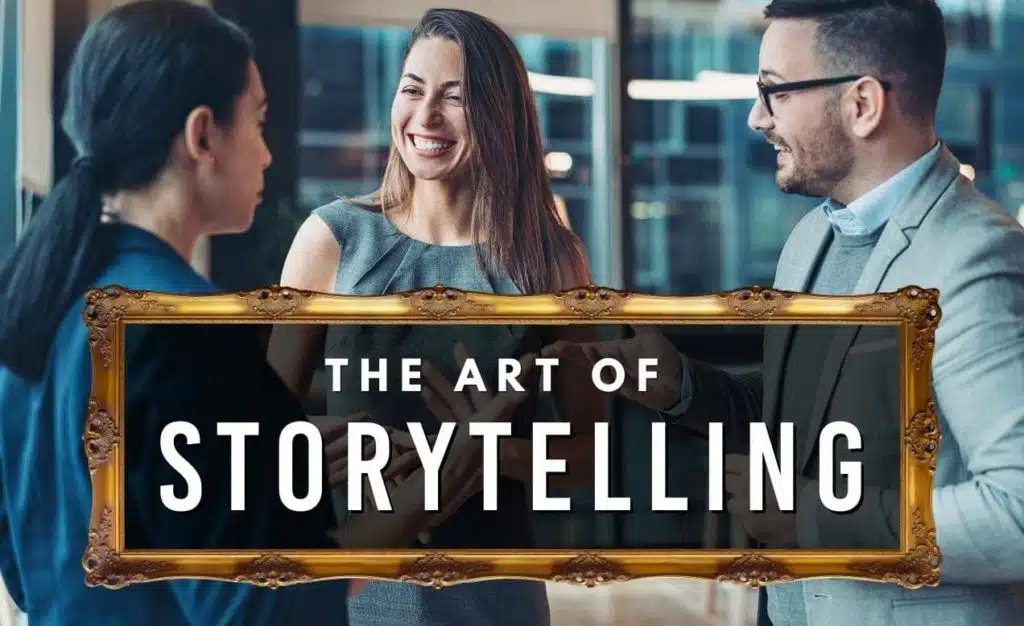 art of storytelling title with group of three professionals smiling in background