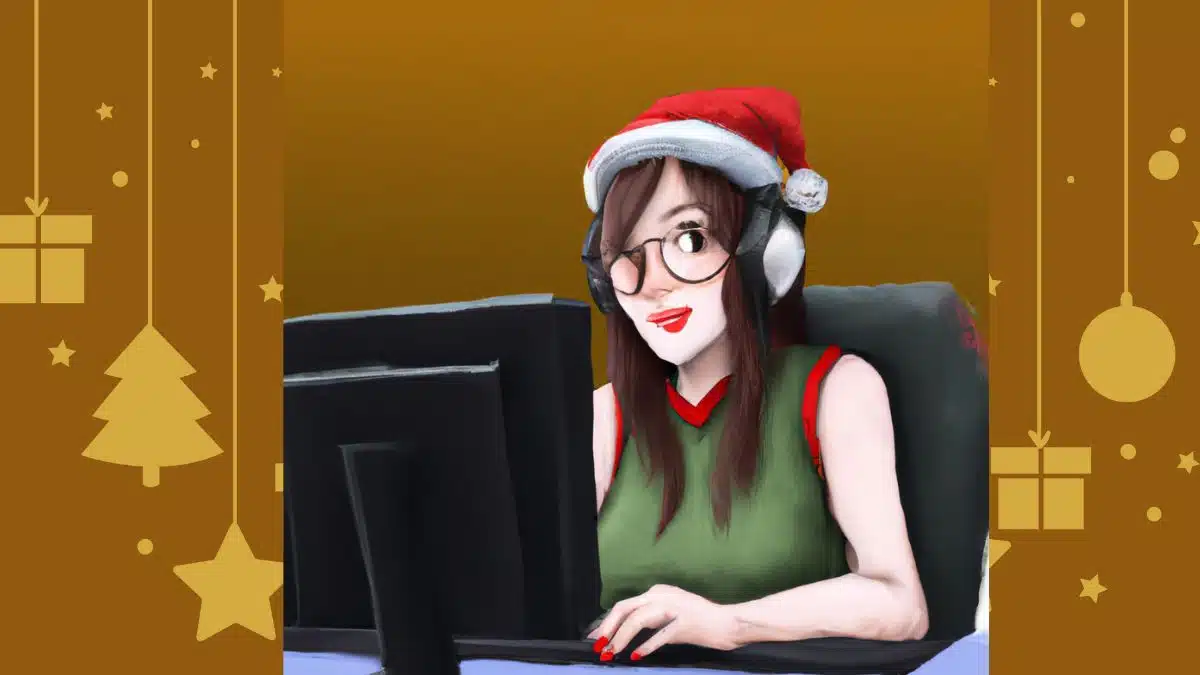 cartoon of woman in santa hat in front of computer