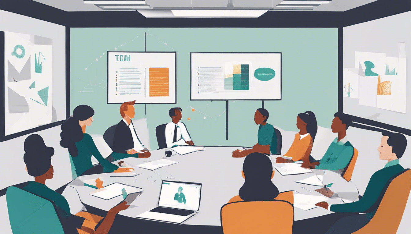 colorful cartoon of young, multicultural team having a business meeting and looking at a presentation while around a circular conference table