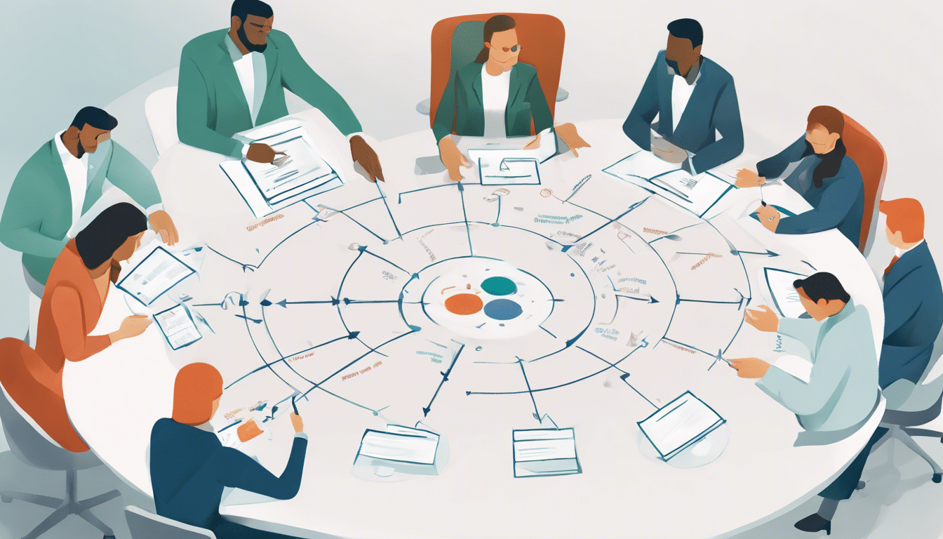 Cartoon from above of colleagues in colorful suits having a meeting at a conference table. Each of them has a paper in front of them, and there are circles and arrows connecting them