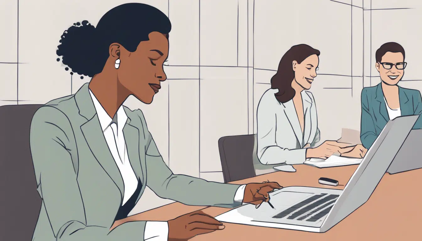 Cartoon of three professional women in suits in a meeting room, smiling and looking at laptops