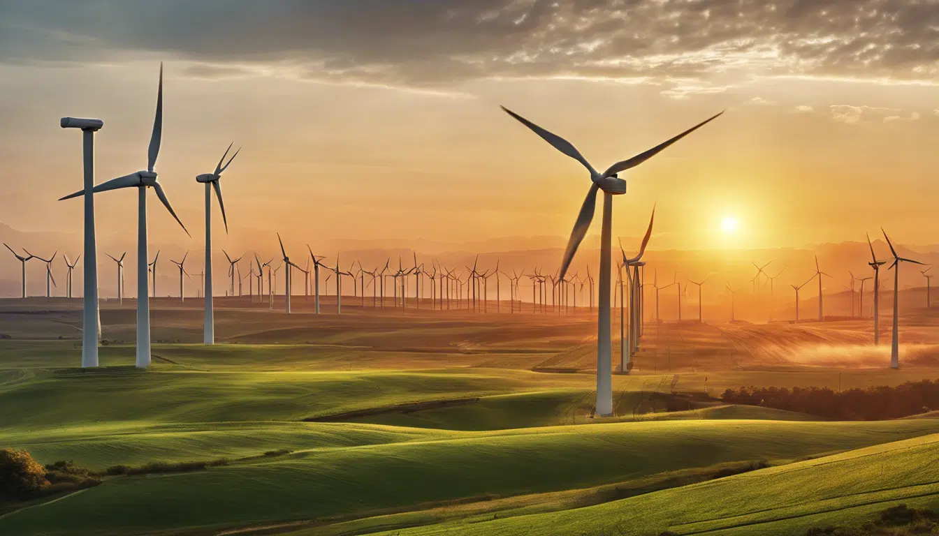 graphic of windmills on a field against a sunset