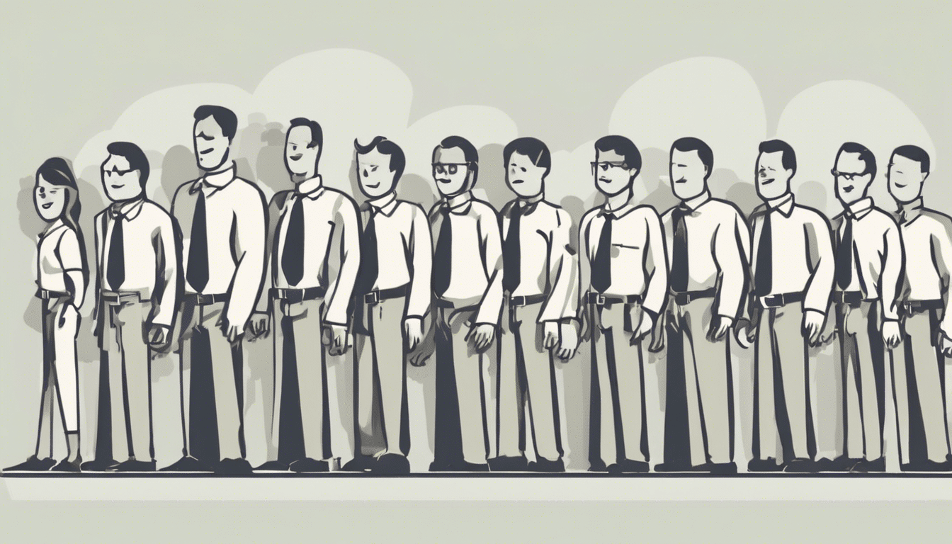 Cartoon of a group of men and one woman in a line in suits and ties 