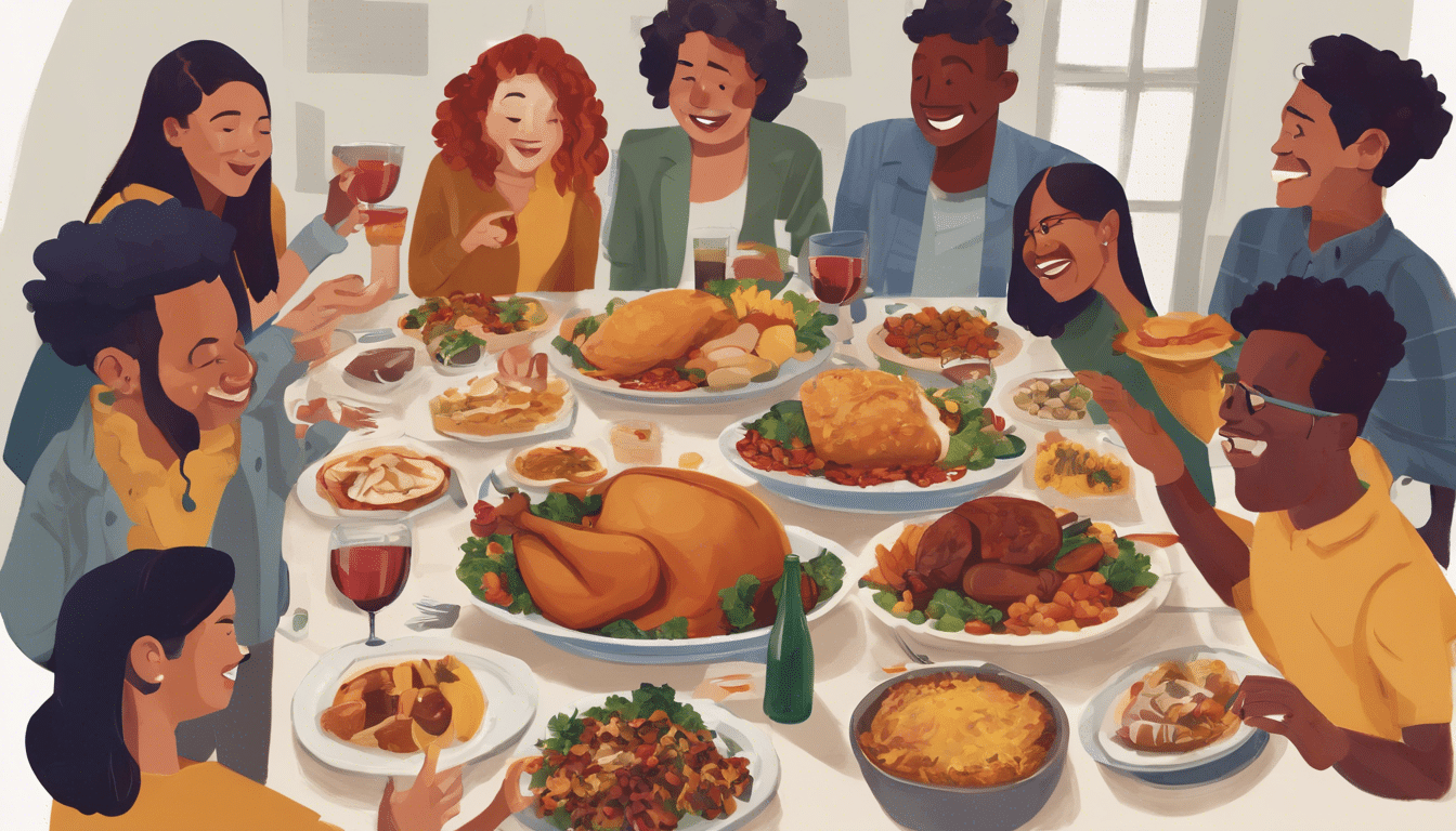 A colorful cartoon of young, diverse folks gathered around a Thanksgiving table