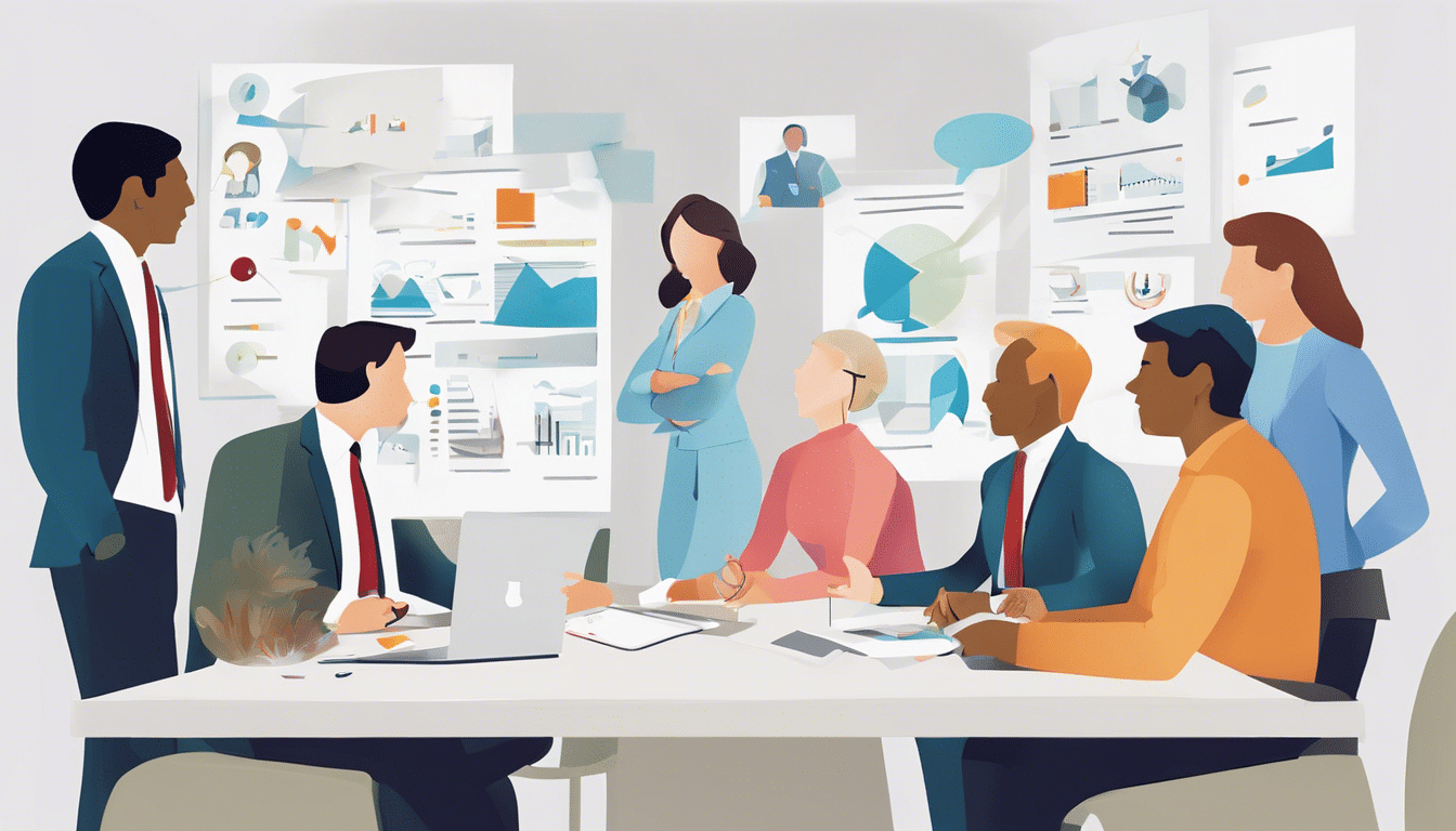 colorful cartoon of a woman giving a presentation in front of colleagues in a meeting room