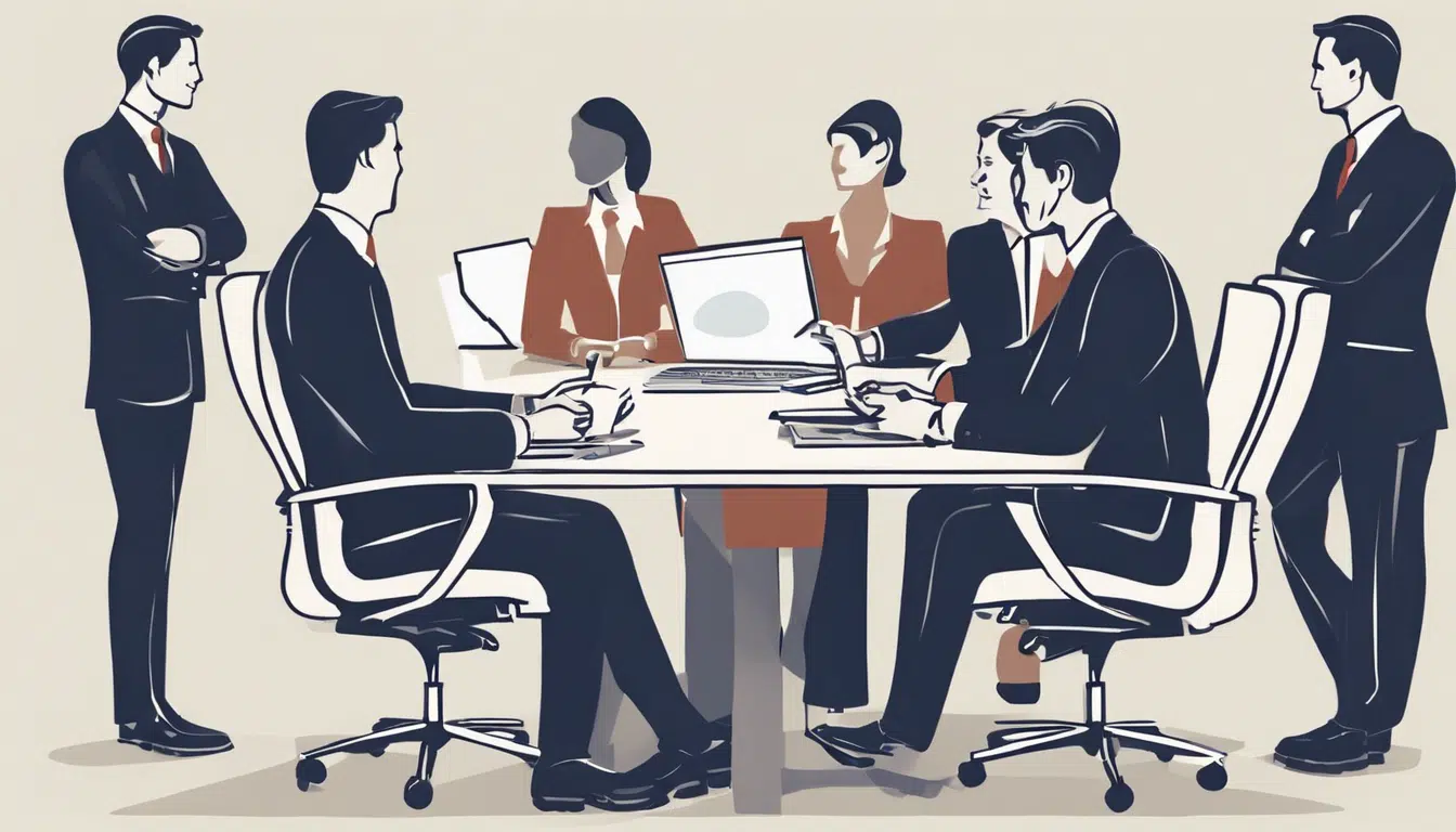 cartoon of professionals sitting around a meeting table, attentive and facing each other