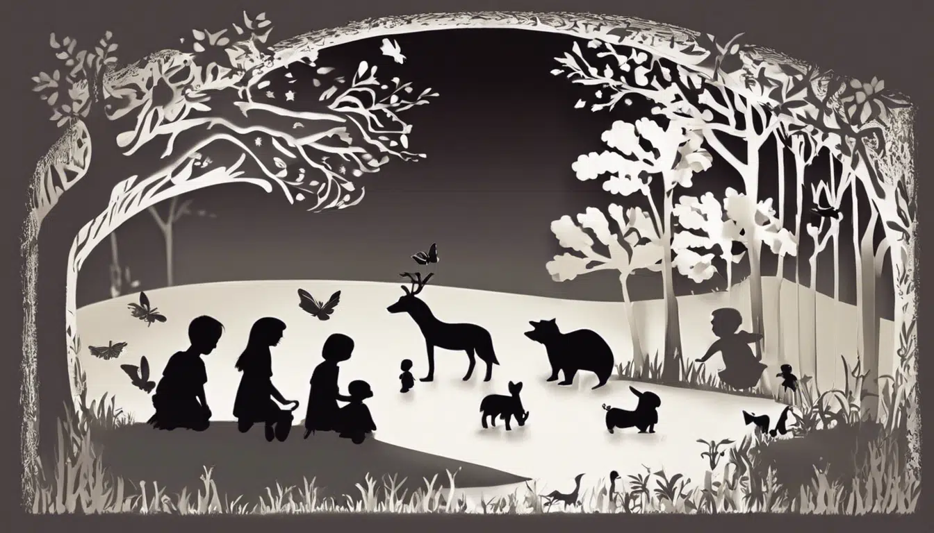 cartoon of silhouette of children watching animals in forest