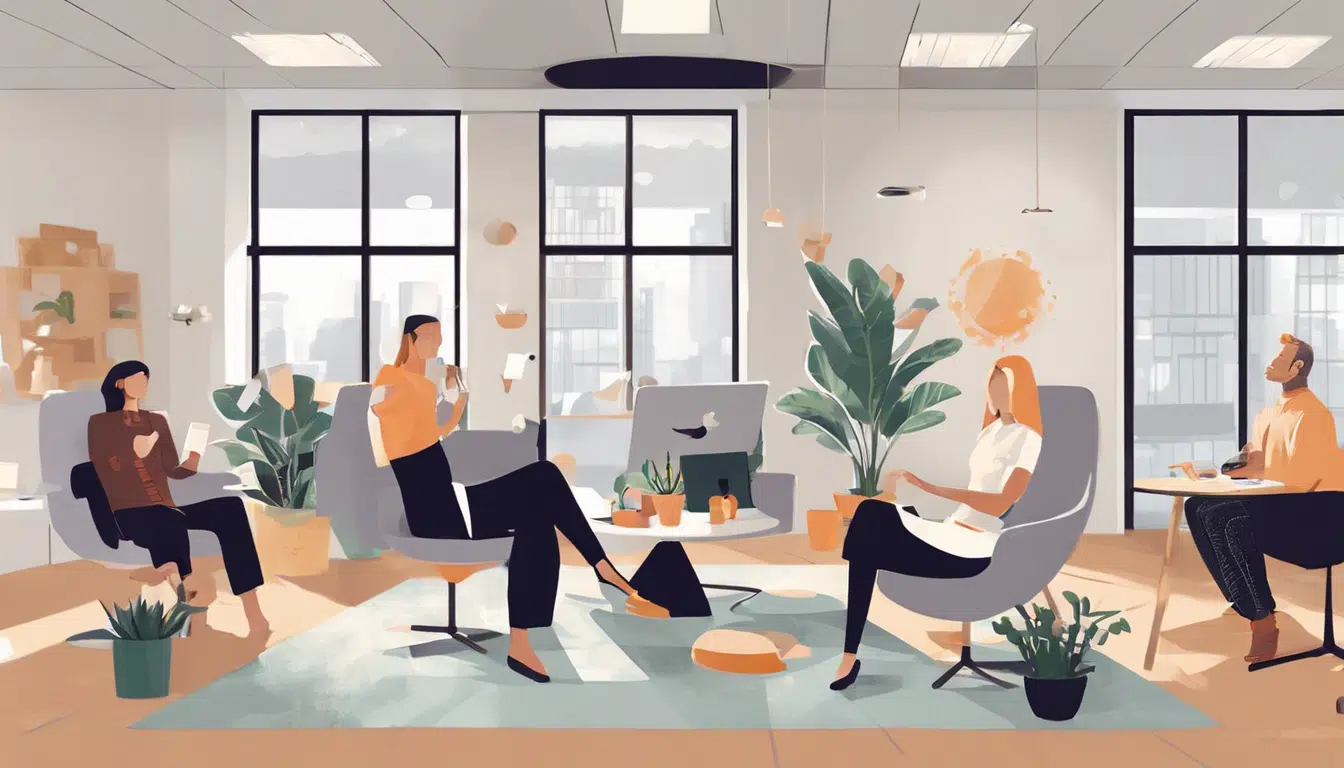 cartoon of a group of professionals coworking together in an office space where there are a lot of windows and plants