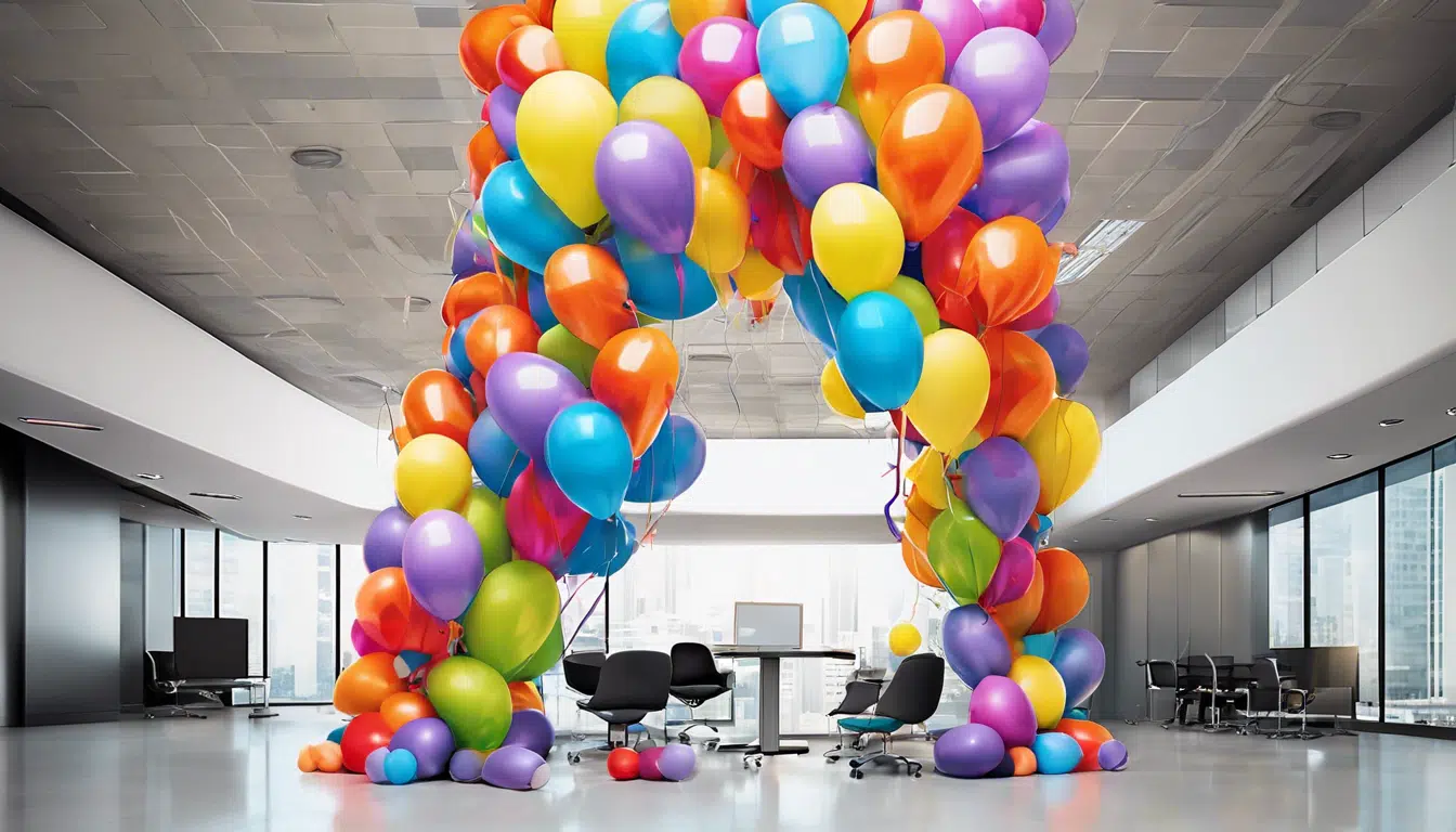 graphic of a gray office with a giant colorful balloon arch