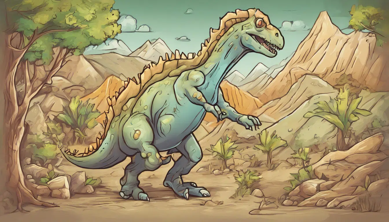 cartoon of a dinosaur in a dessert/jungle landscape