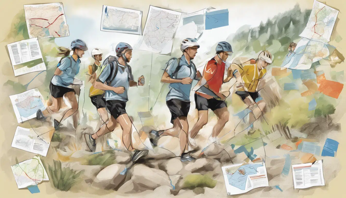 Cartoon of a group of cross country runners, with images of maps floating around the border